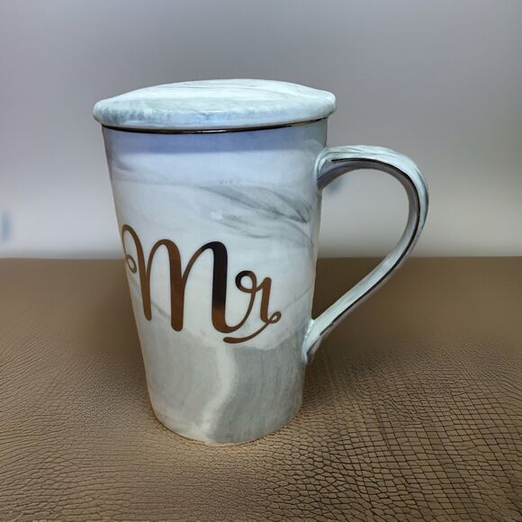 'Mens" Coffee Grey Swirl Ceramic Mug With cover And Gold Colored, HandMade !!! - Picture 3 of 16